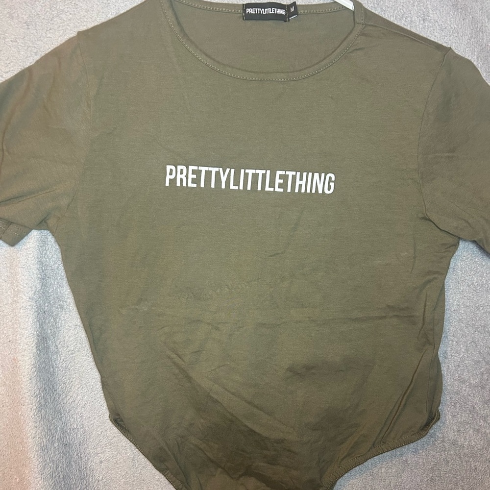 PRETTYLITTLETHINGS recycled sage khaki short sleeve bodysuit .